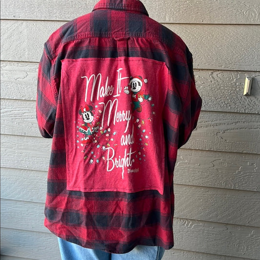 Upcycled Christmas Disney Mickey Mouse Flannel Shirt Unisex XL X-large