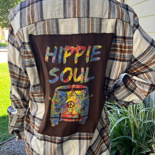 Hippie Soul VW Bus Flannel Shirt upcycled one of a kind unisex Size Medium