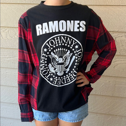 Ramones Upcycled Flannel Sweatshirt / Shirt OS Handmade