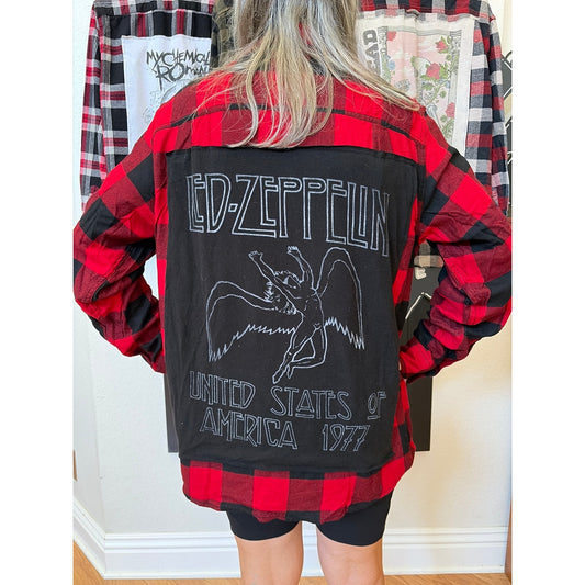 Led Zeppelin upcycled Flannel Shirt Unisex Size XL X-large