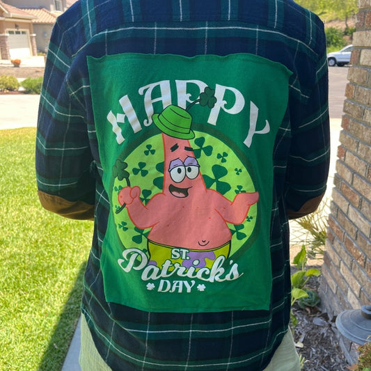 Spongebob Patrick St. Paddy's Day Upcycled Flannel Shirt Unisex Size X-small XS