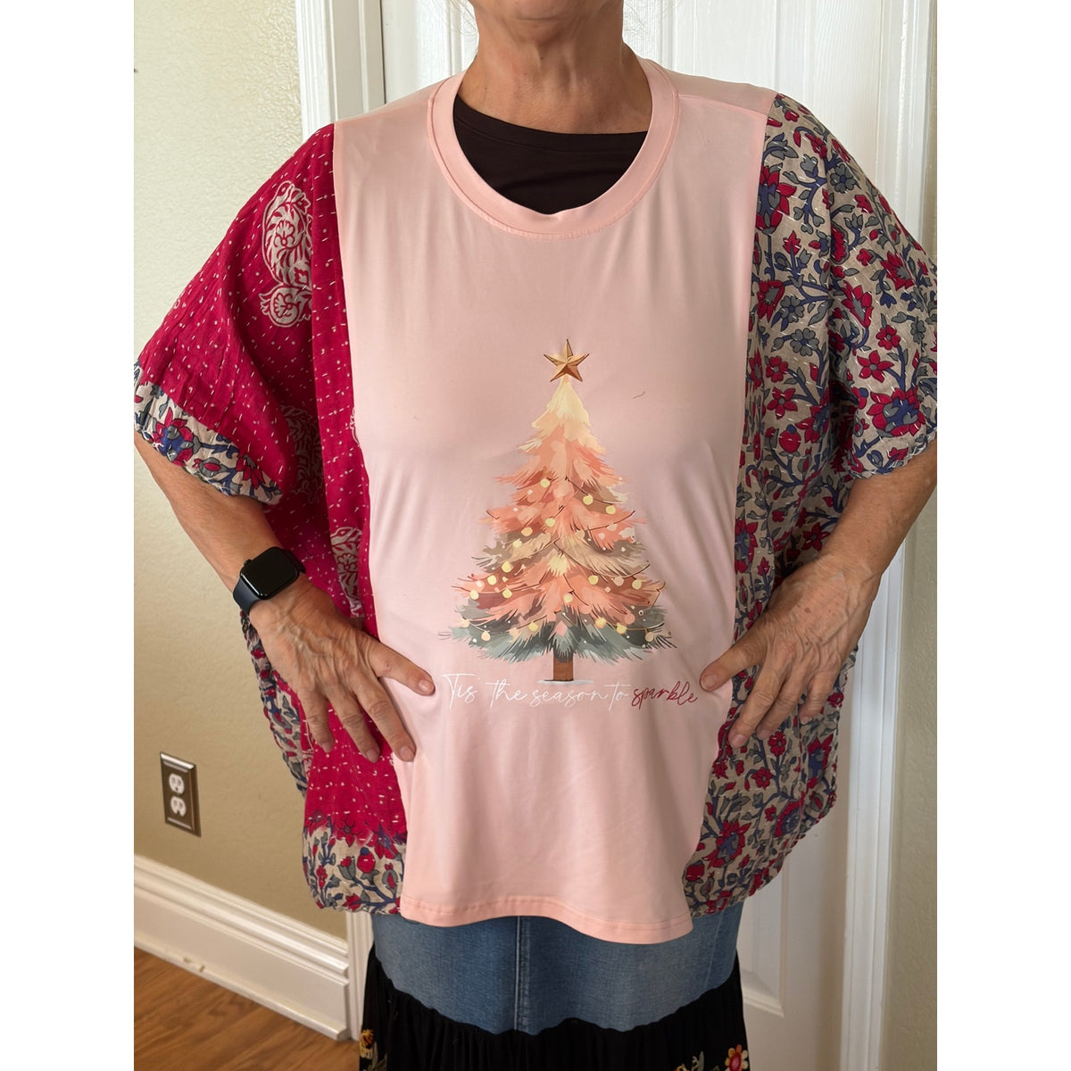 Christmas Upcycled Kantha Tunic Top Shirt OS Handmade Boho