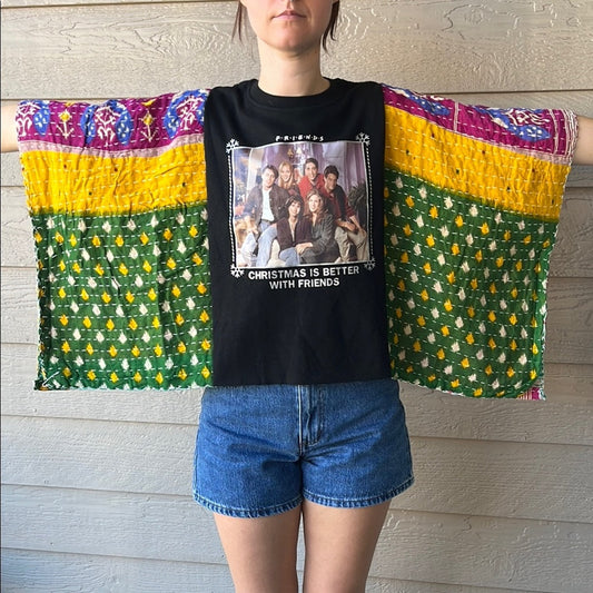 Christmas Friends Upcycled Kantha Tunic Top Shirt OS Handmade Bohemian
