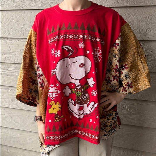 Snoopy Christmas Holiday Upcycled Kantha Tunic Tops Shirt OS Handmade Bohemian