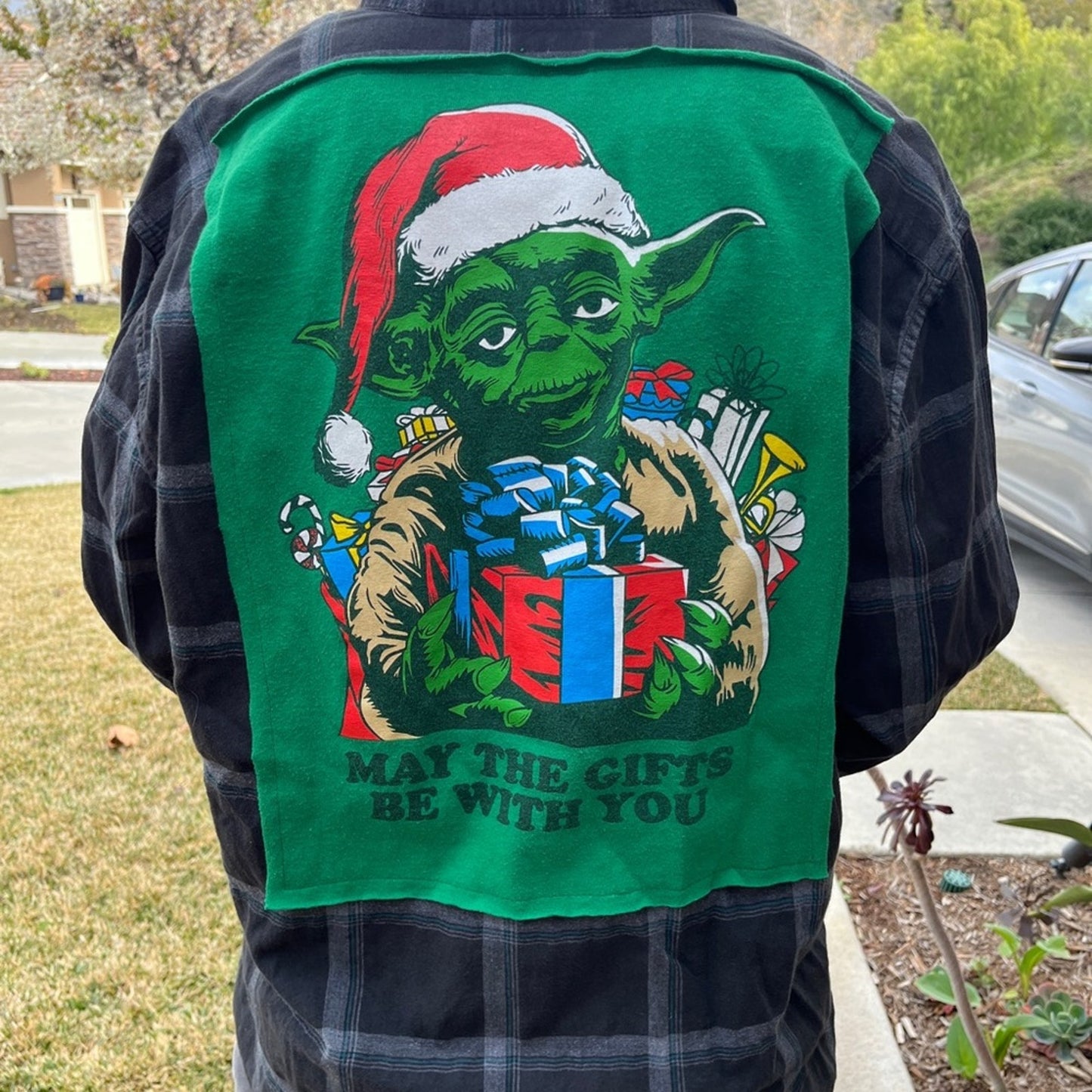 Star Wars Yoda Christmas Upcycled Flannel Shirt American Eagle Unisex XL X-large
