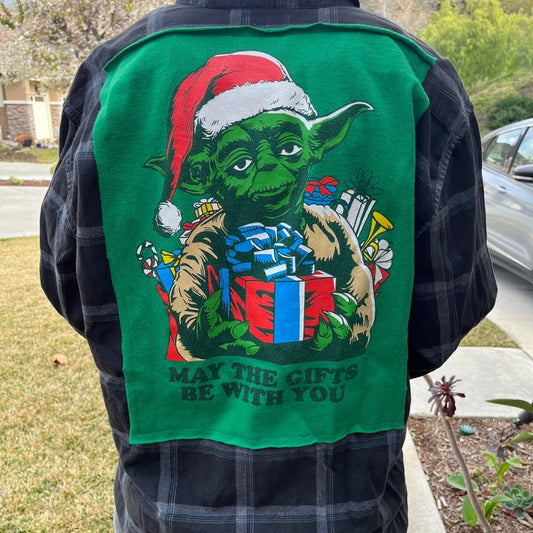 Star Wars Yoda Christmas Upcycled Flannel Shirt American Eagle Unisex XL X-large