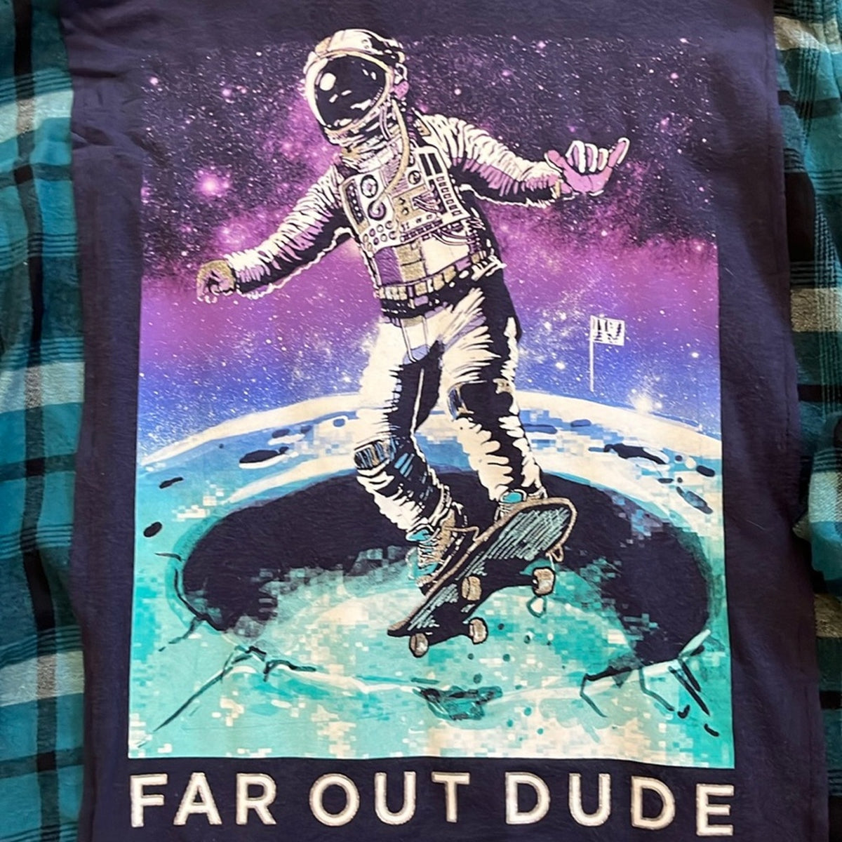 Skateboarder Space Far out Dude Flannel Shirt upcycled unisex XL