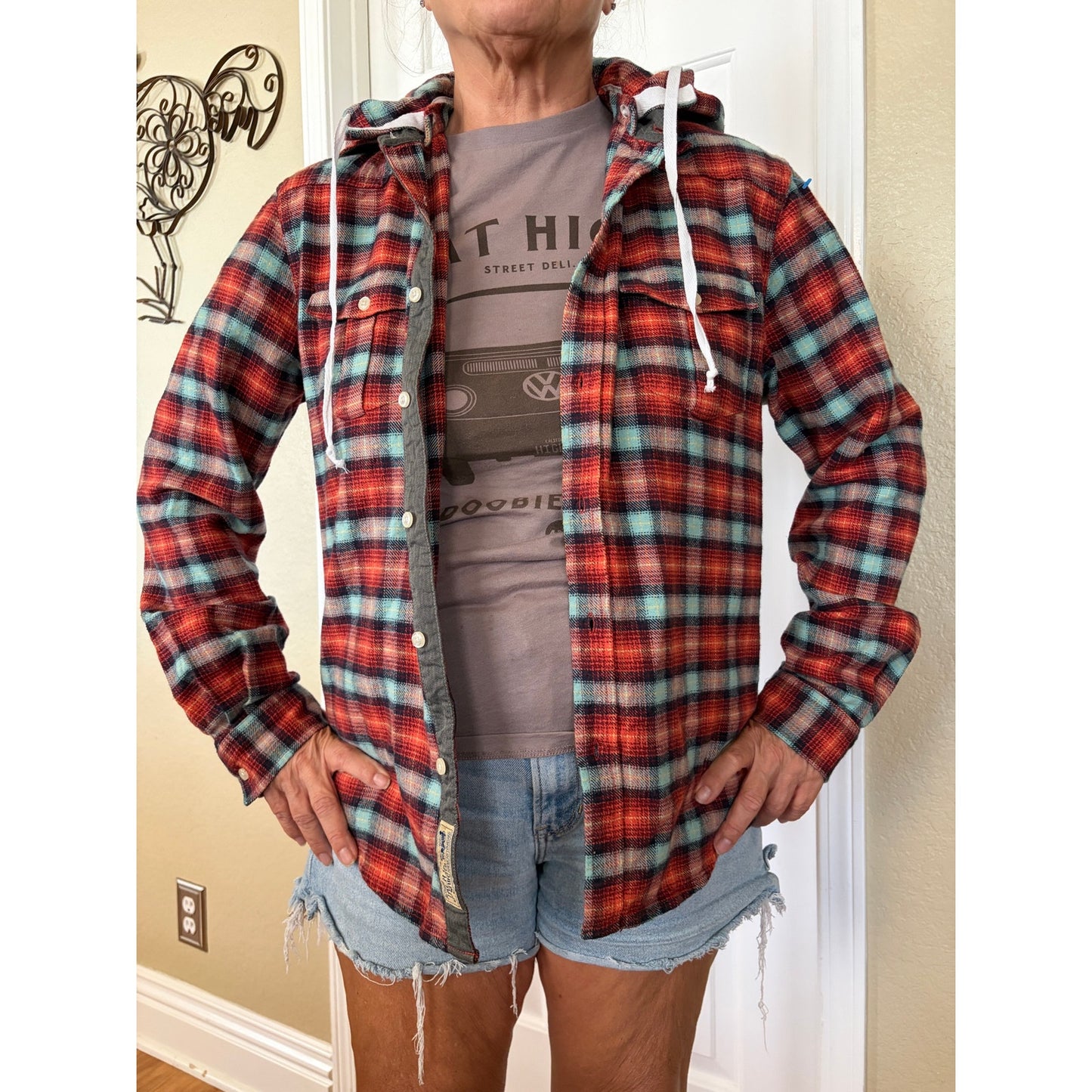 Miami Dolphins NFL Upcycled Flannel Shirt Unisex Size Large L Hood