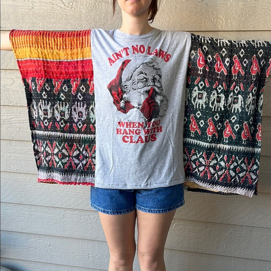 Upcycled Christmas Santa Claus Kantha Tunic Top Shirt OS Handmade Bohemian