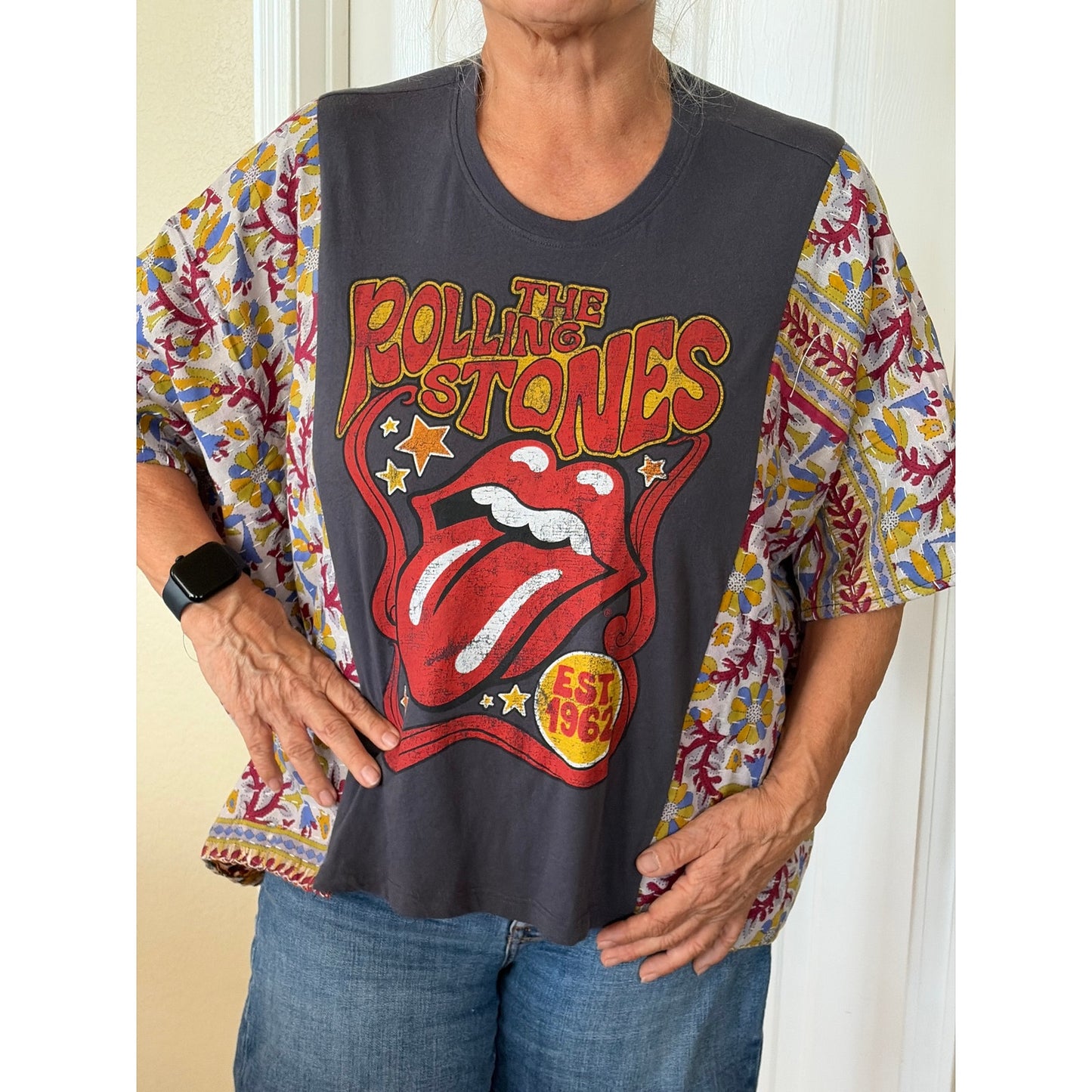 Rolling Stones Upcycled Kantha Tunic Top Shirt OS Handmade Boho