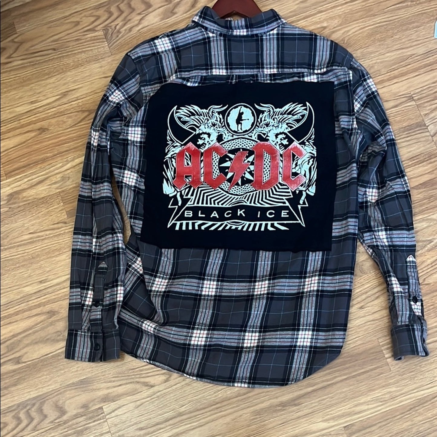 AC/DC ACDC Black Ice Upcycled Flannel Shirt Handmade Unisex Size Large L
