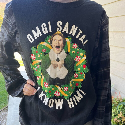 Elf OMG Stanta Christmas Flannel Shirt / Sweatshirt upcycled unisex Medium