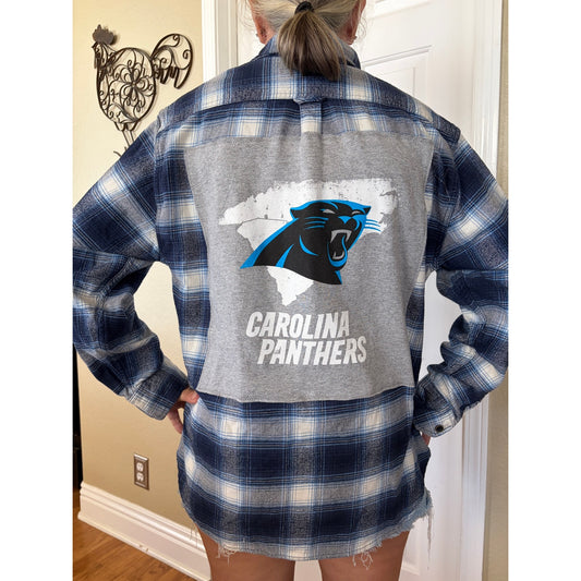 Panthers NFL Upcycled Flannel Shirt Unisex Size Large L