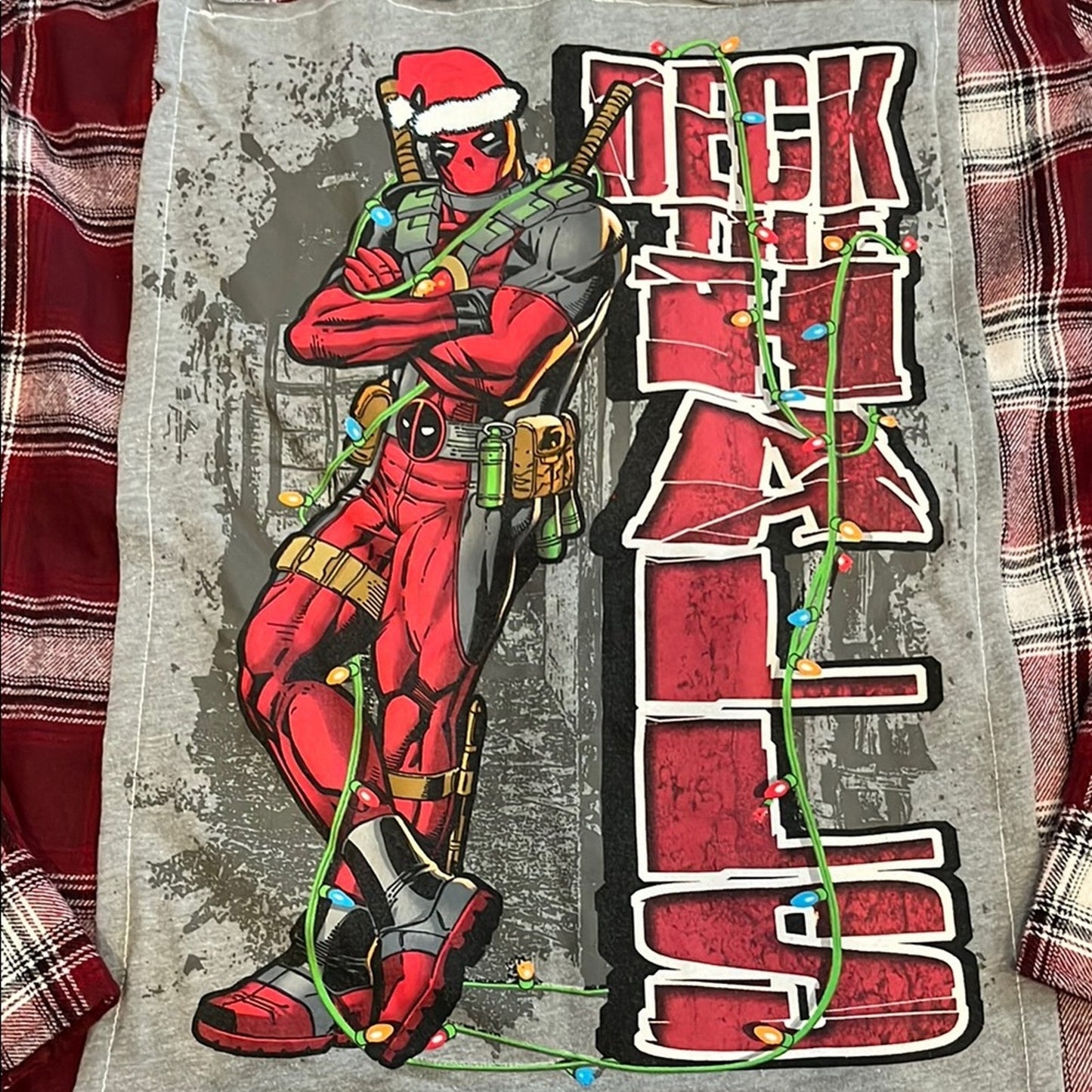Deadpool Christmas Holiday Upcycled Flannel Shirt unisex Size Small S