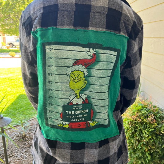 Grinch Christmas Flannel Upcycled one of a kind size small men’s / unisex