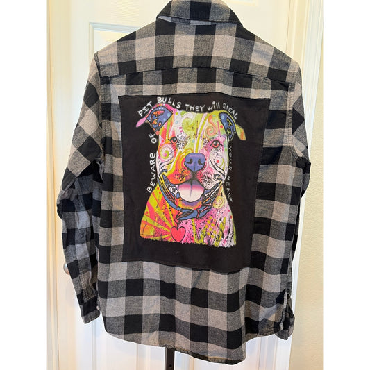 Pitbull Upcycled Flannel Shirt Unisex Size Medium M