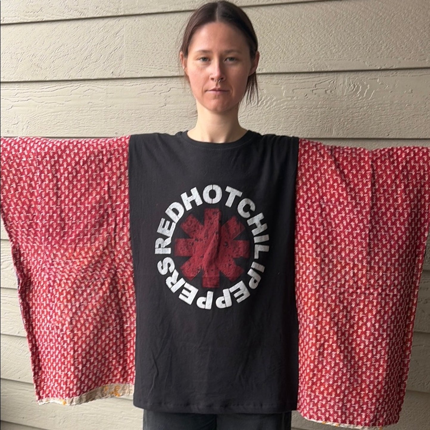 Red Hot Chilie Peppers Upcycled Kantha Tunic Top Shirt OS Handmade Bohemian