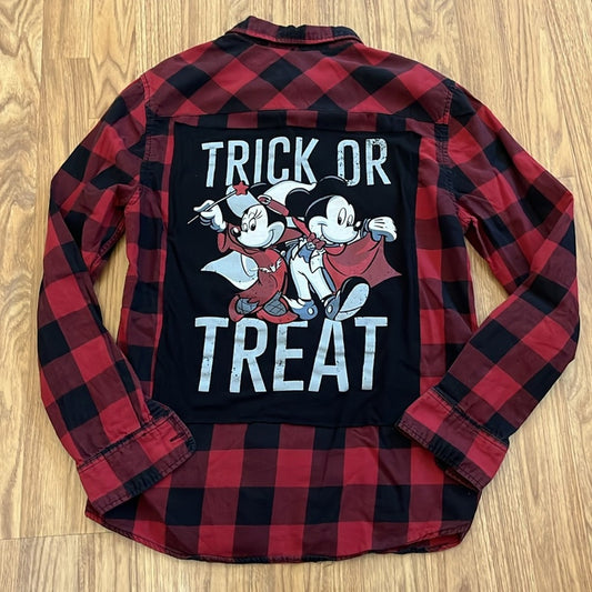 Mickey and Minnie Trick or Treat Halloween Flannel Shirt upcycled unisex Small