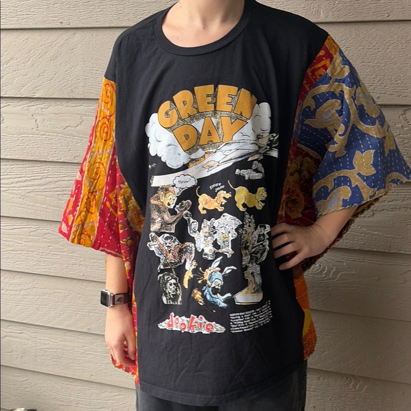Green Day Upcycled Kantha Tunic Top Shirt OS Handmade Bohemian Hippie