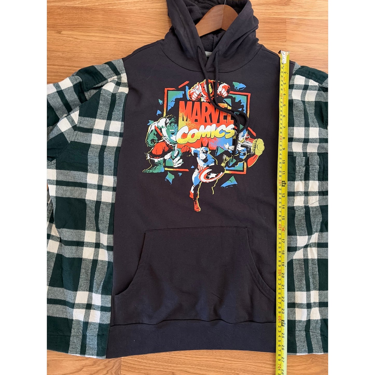 Marvel Comics Avengers Upcycled Flannel Sweatshirt Hoodie OS