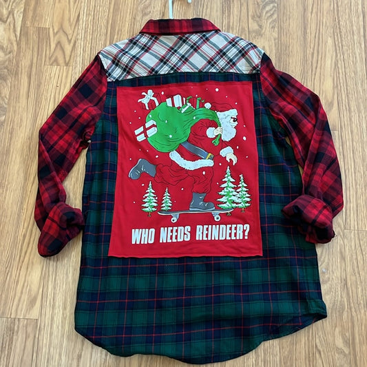 Crhistmas Santa Who needs Reindeer? Flannel Shirt upcycled unisex Large  (12-14)