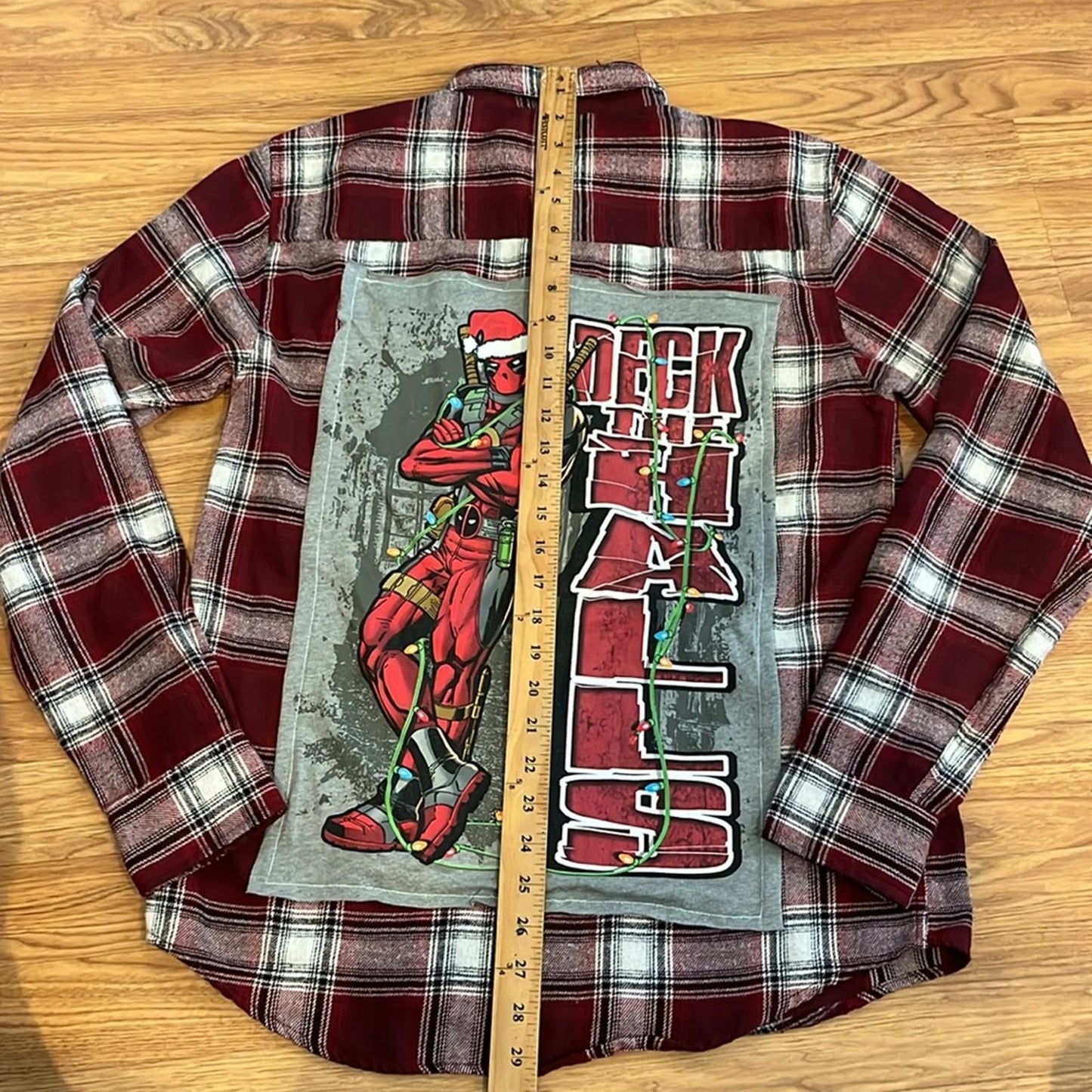 Deadpool Christmas Holiday Upcycled Flannel Shirt unisex Size Small S