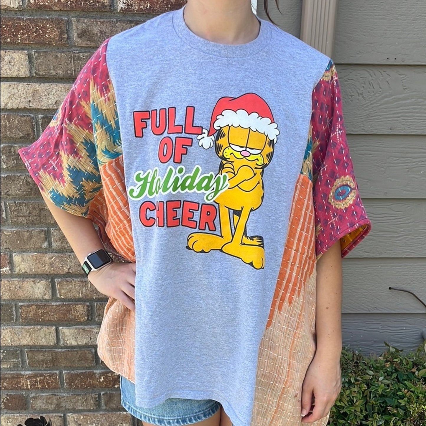 Holiday Christmas Upcycled Kantha Tunic Top Shirt OS Handmade Hippie XS S M L