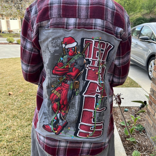 Deadpool Christmas Holiday Upcycled Flannel Shirt unisex Size Small S