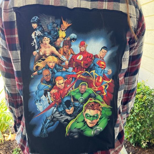 Marvel Super Heros Flannel Shirt upcycled one of a kind unisex Medium