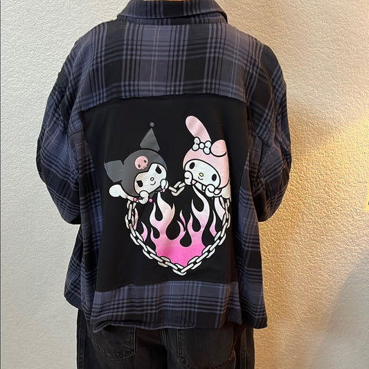 Hello Kitty Friends Upcycled Flannel Shirt Size XXL Handmade