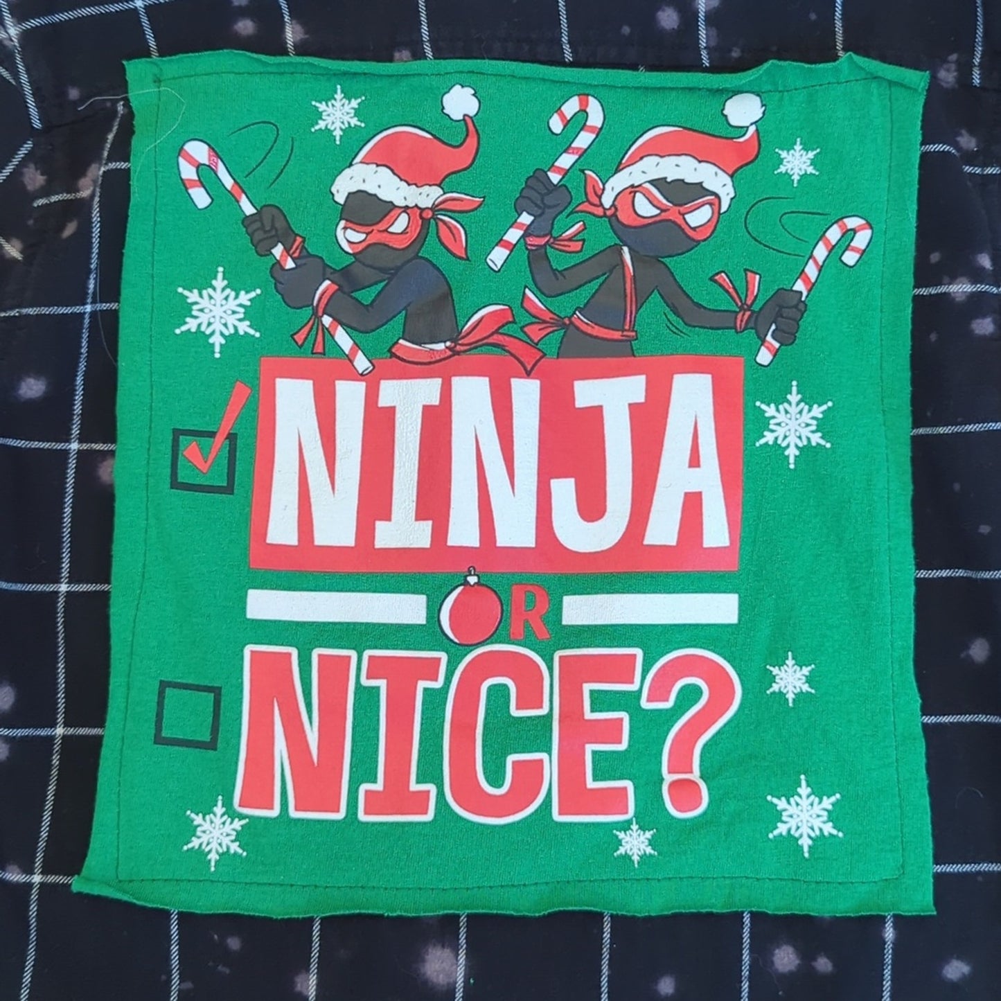 Ninja or Nice ? Holiday Flannel Shirt upcycled Bleached unisex Size Medium