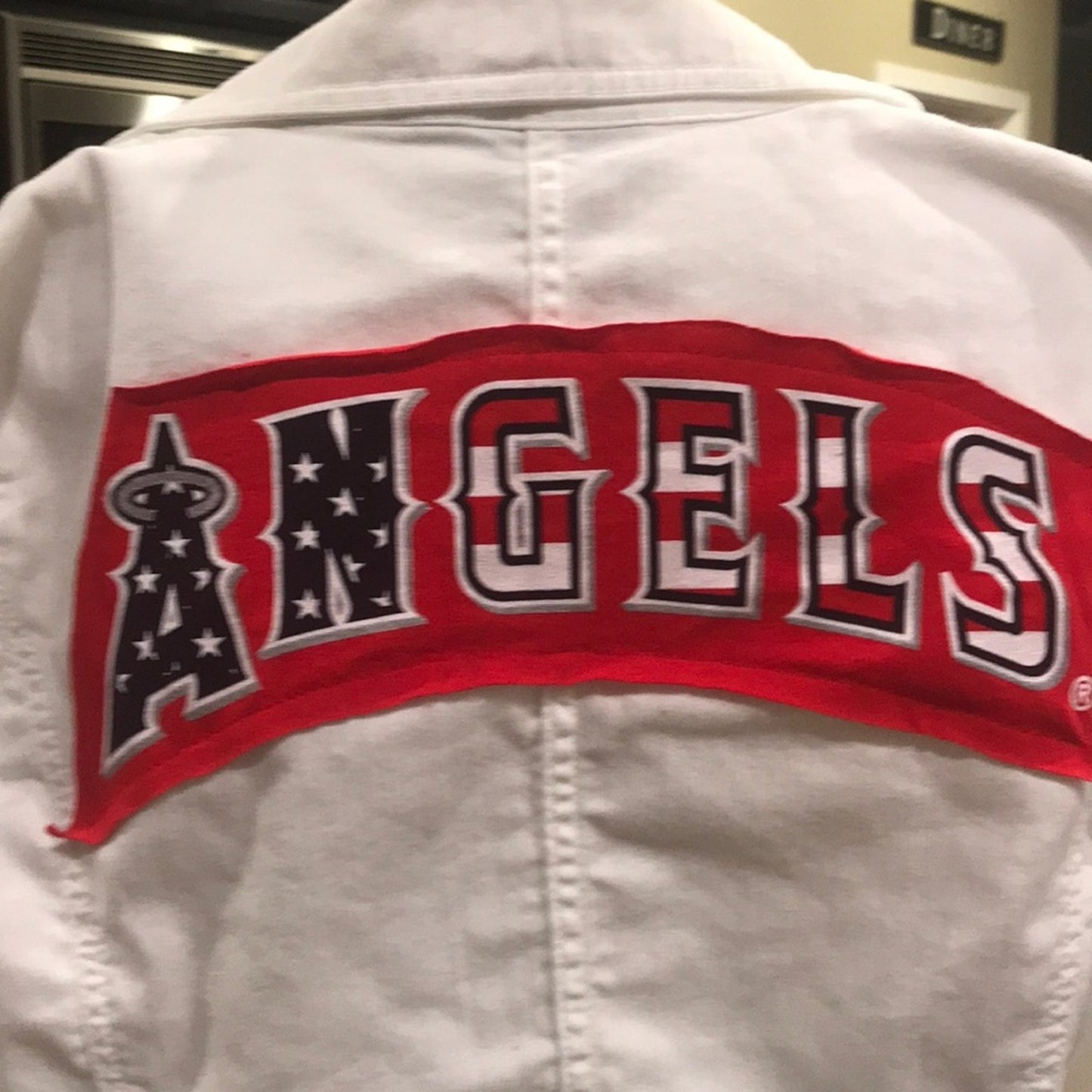 MLB Angels Baseball  jacket denim white upcycled one of a kind size 16