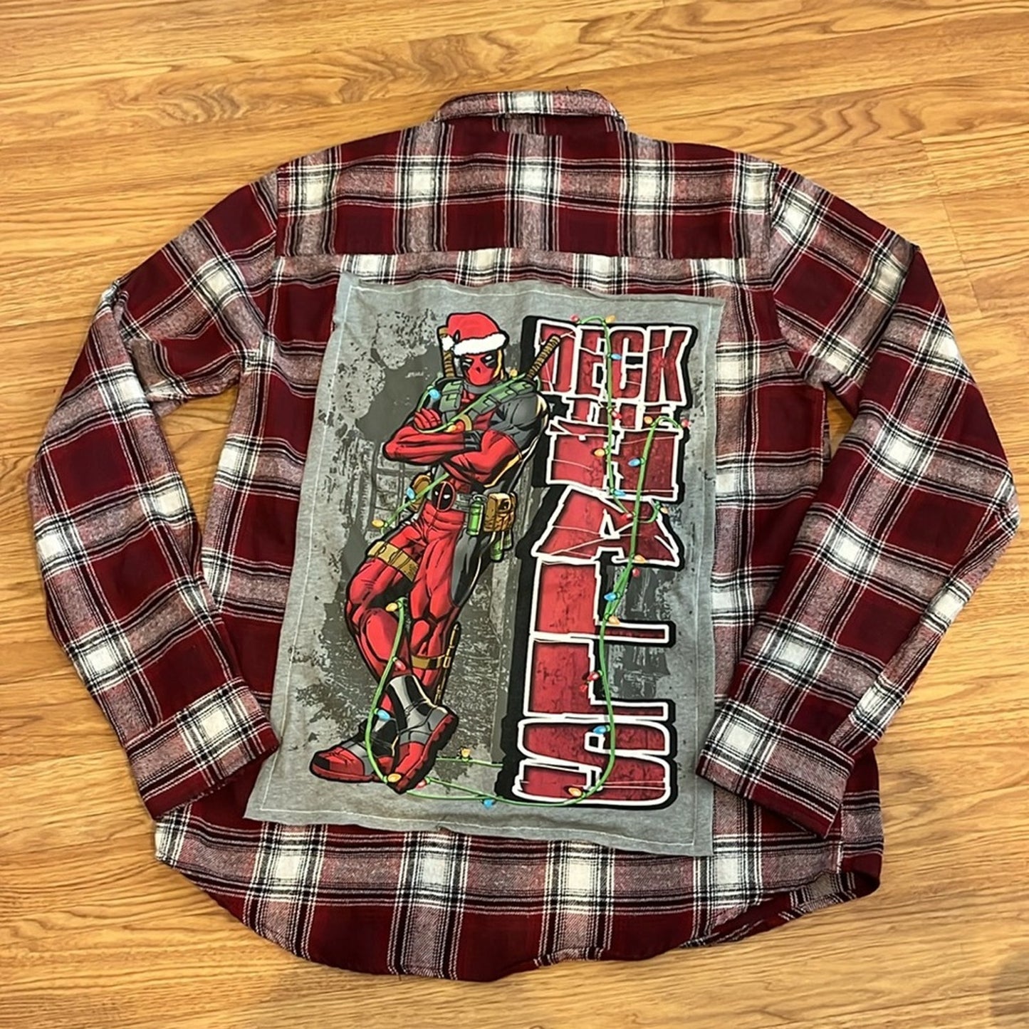 Deadpool Christmas Holiday Upcycled Flannel Shirt unisex Size Small S
