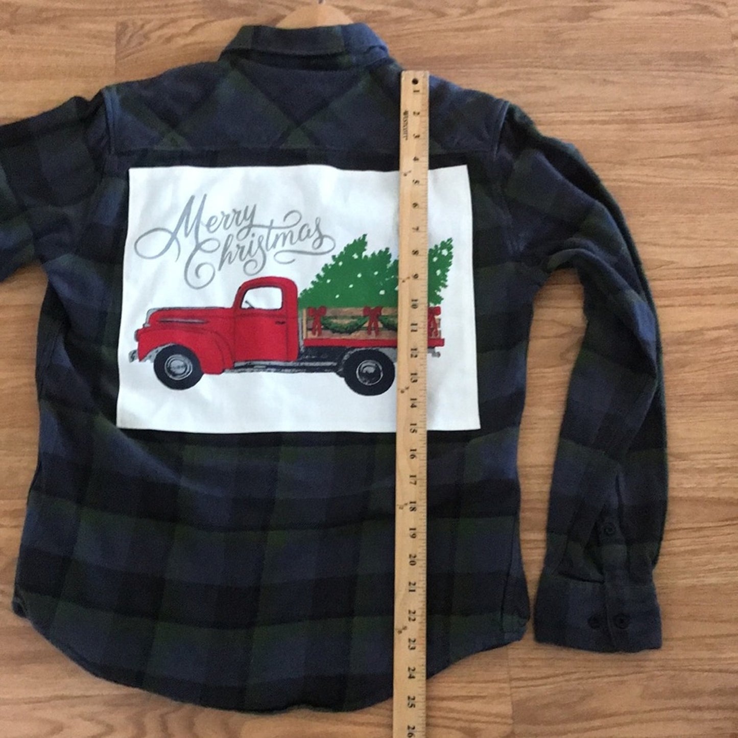 Christmas Truck Merry Christmas Holiday  Upcycled  flannel shirt men’s / unisex Small S