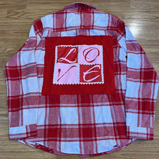 Love flannel shirt Upcycled with Hearts Size Large NWT Flannel Love added by me