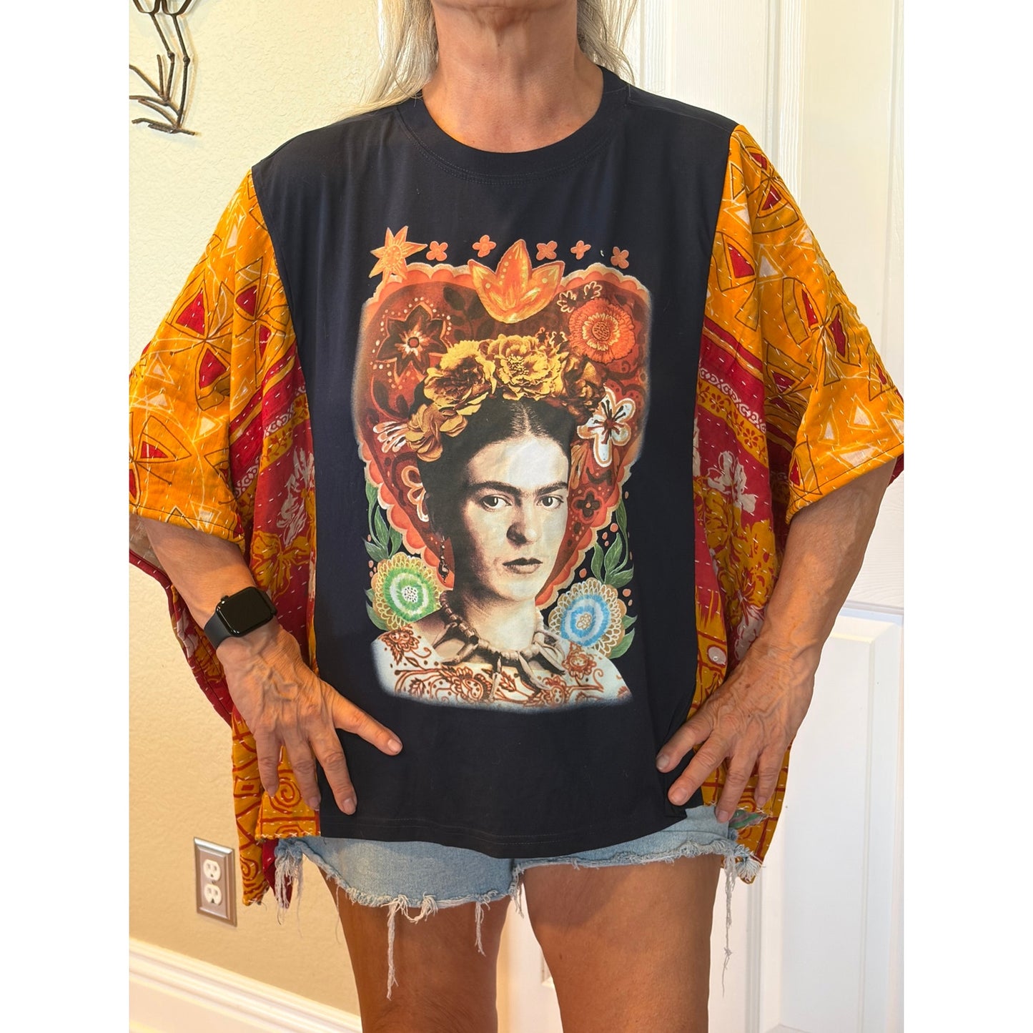 Frida Kahlo Upcycled Kantha Tunic Top Shirt OS Handmade Boho