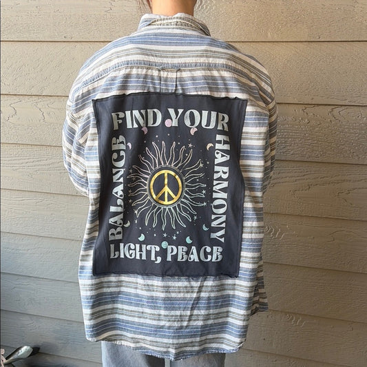 Harmony Light Peace Upcycled Flannel Shirt Unisex Size XL Handmade