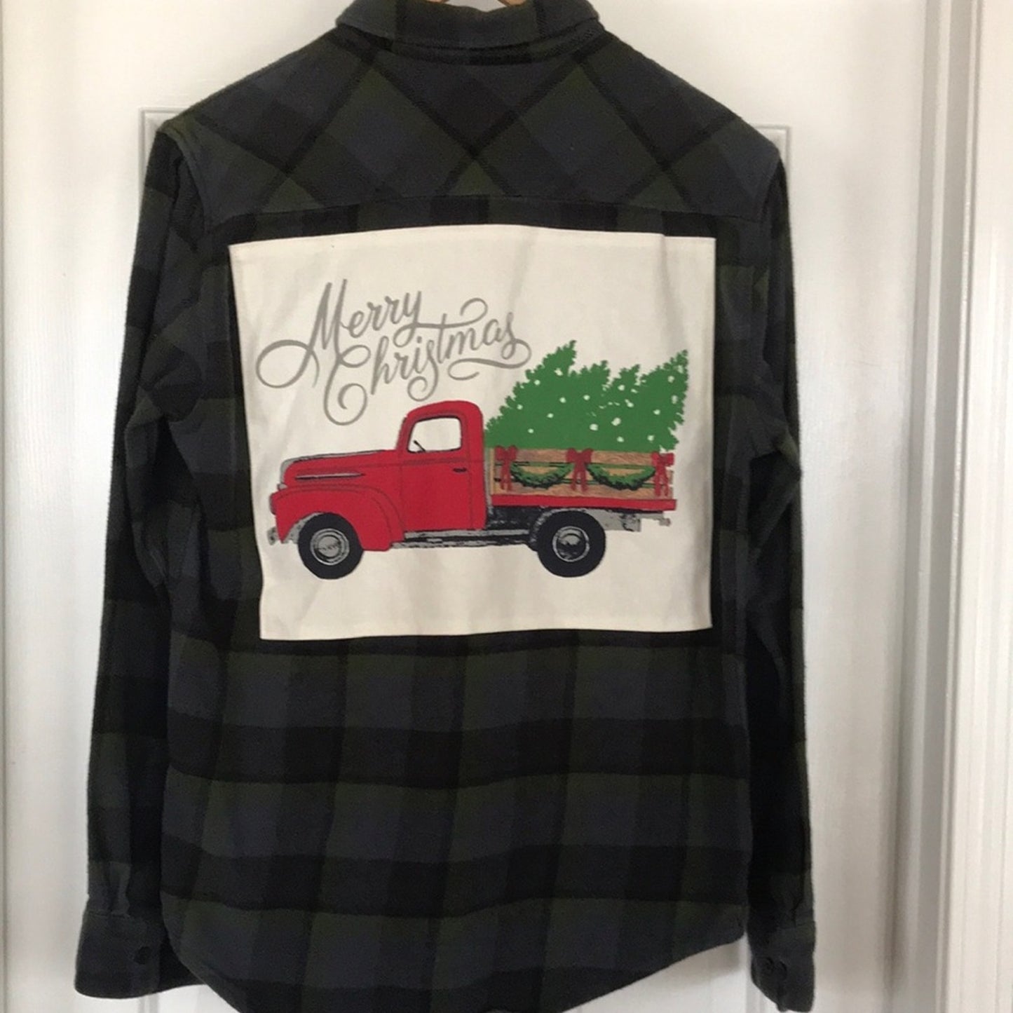 Christmas Truck Merry Christmas Holiday  Upcycled  flannel shirt men’s / unisex Small S