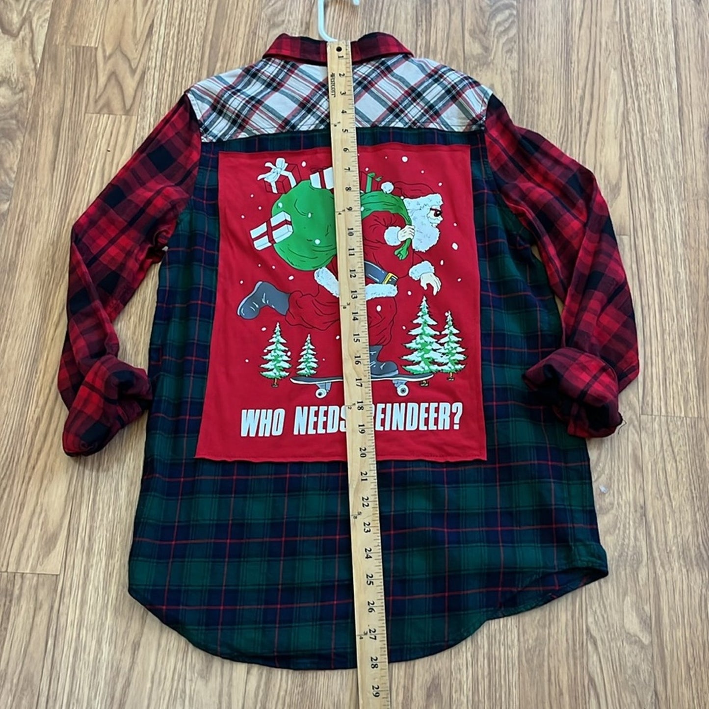 Crhistmas Santa Who needs Reindeer? Flannel Shirt upcycled unisex Large  (12-14)