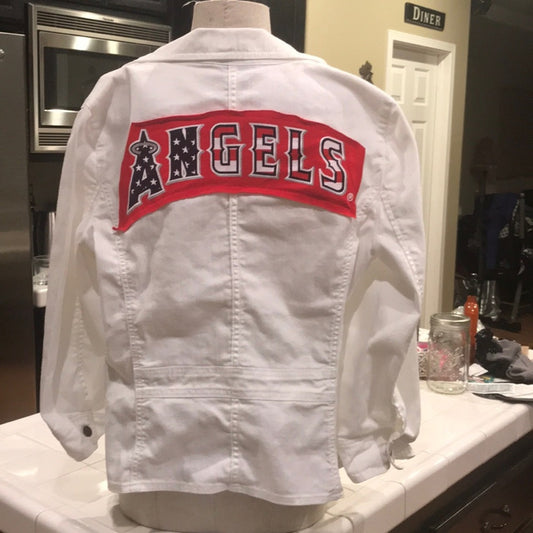 MLB Angels Baseball  jacket denim white upcycled one of a kind size 16