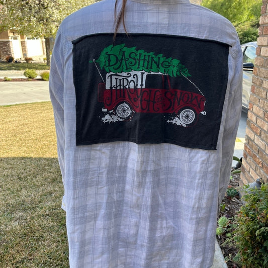 Dashing Through the Snow Christmas Flannel Shirt upcycled lightweight Size XXL