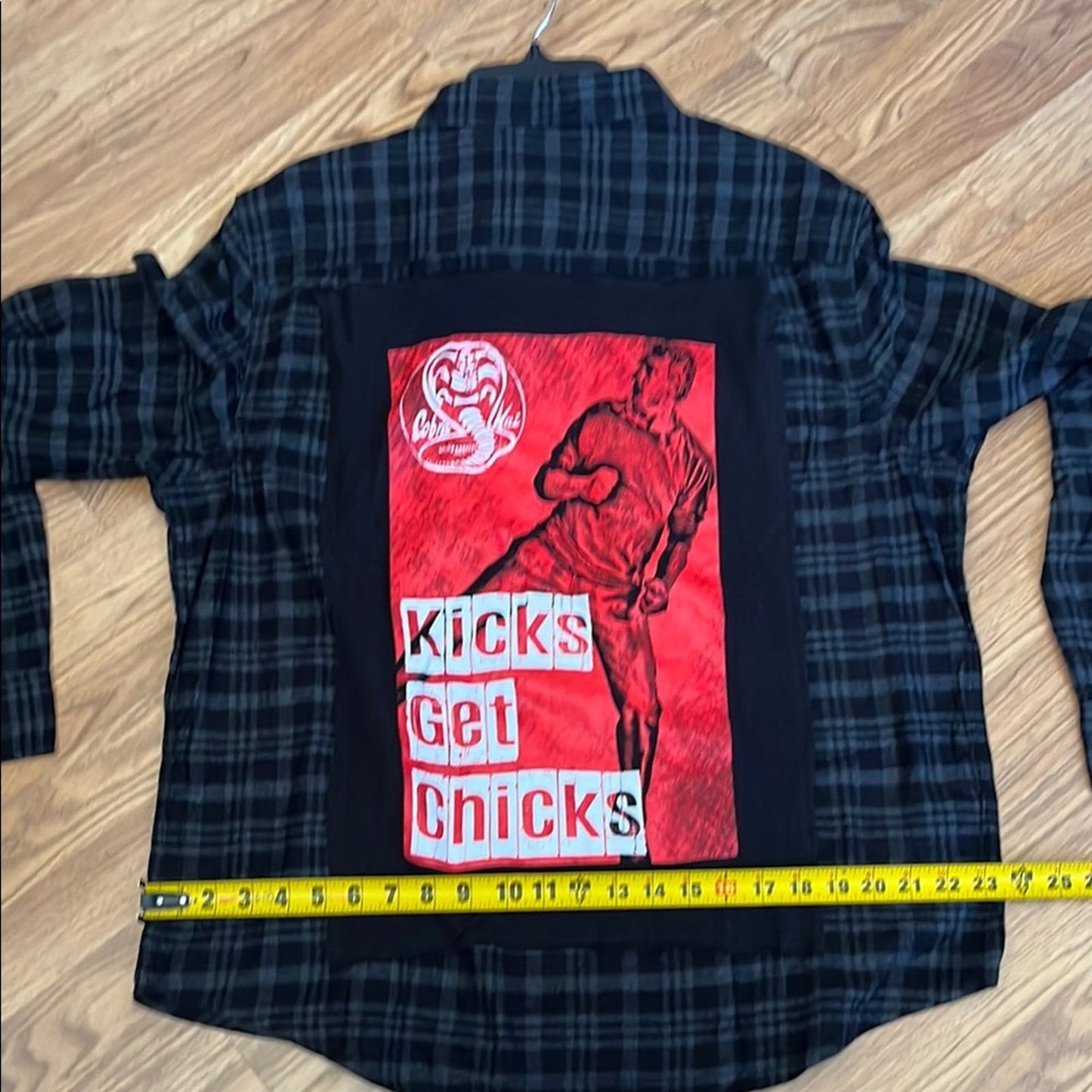 Cobra Kai Kick get Chicks Upcycled Flannel Shirt unisex Size XL Handmade