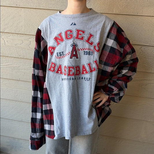 Angels Baseball Upcycled Flannel Sweatshirt OS Handmade Unisex