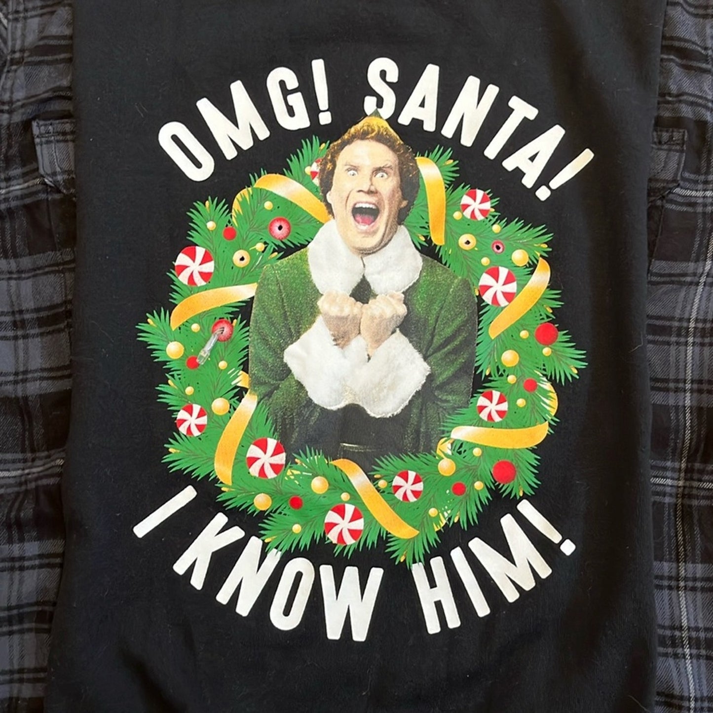 Elf OMG Stanta Christmas Flannel Shirt / Sweatshirt upcycled unisex Medium