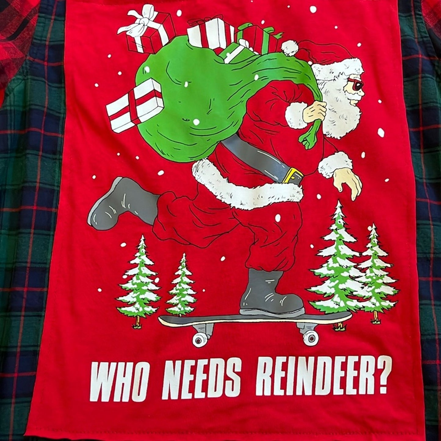Crhistmas Santa Who needs Reindeer? Flannel Shirt upcycled unisex Large  (12-14)