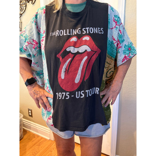 Rolling Stones Upcycled Kantha Tunic Top Shirt OS Handmade Boho