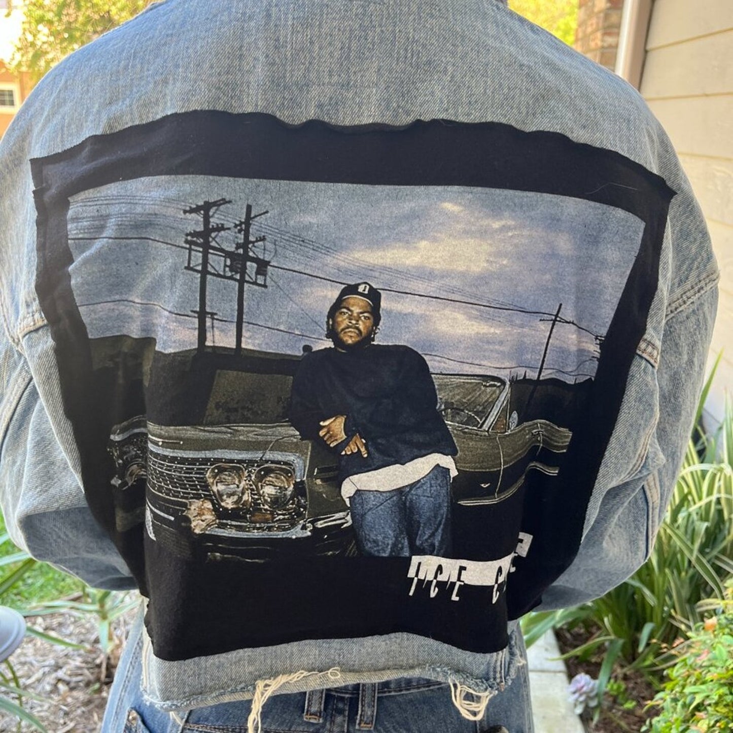 Ice Cube Frayed Jean Jacket upcycled one of a kind Small