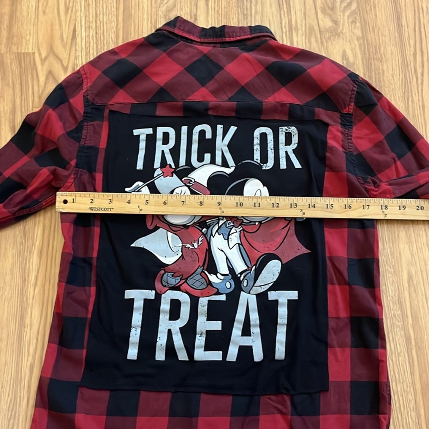 Mickey and Minnie Trick or Treat Halloween Flannel Shirt upcycled unisex Small