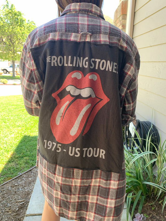 Rolling Stones Flannel Shirt Upcycled Reworked One Of A Kind Unisex / Men's XL