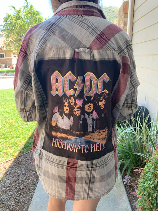 ACDC AC/DC Flannel Shirt reworked upcycled one-of-a-kind size men's / unisex XL (Copy)